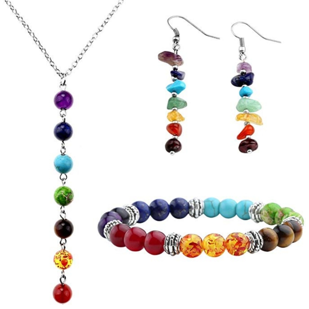 Necklace, bracelet, earrings.